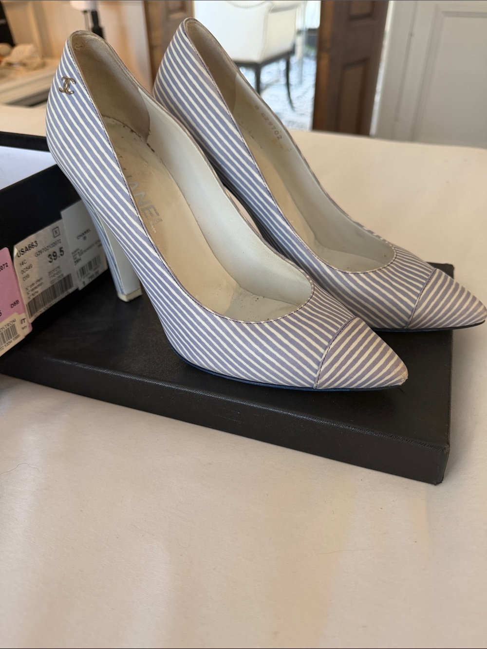 CHANEL Blue and White Striped Pointed Toe Pumps 39.5